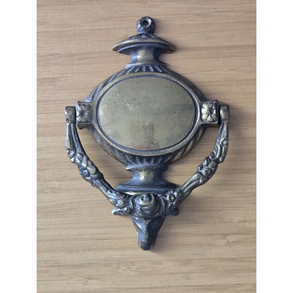 Vintage Neoclassical Solid Brass Door Knocker With Ram Head And Blank Cartouche